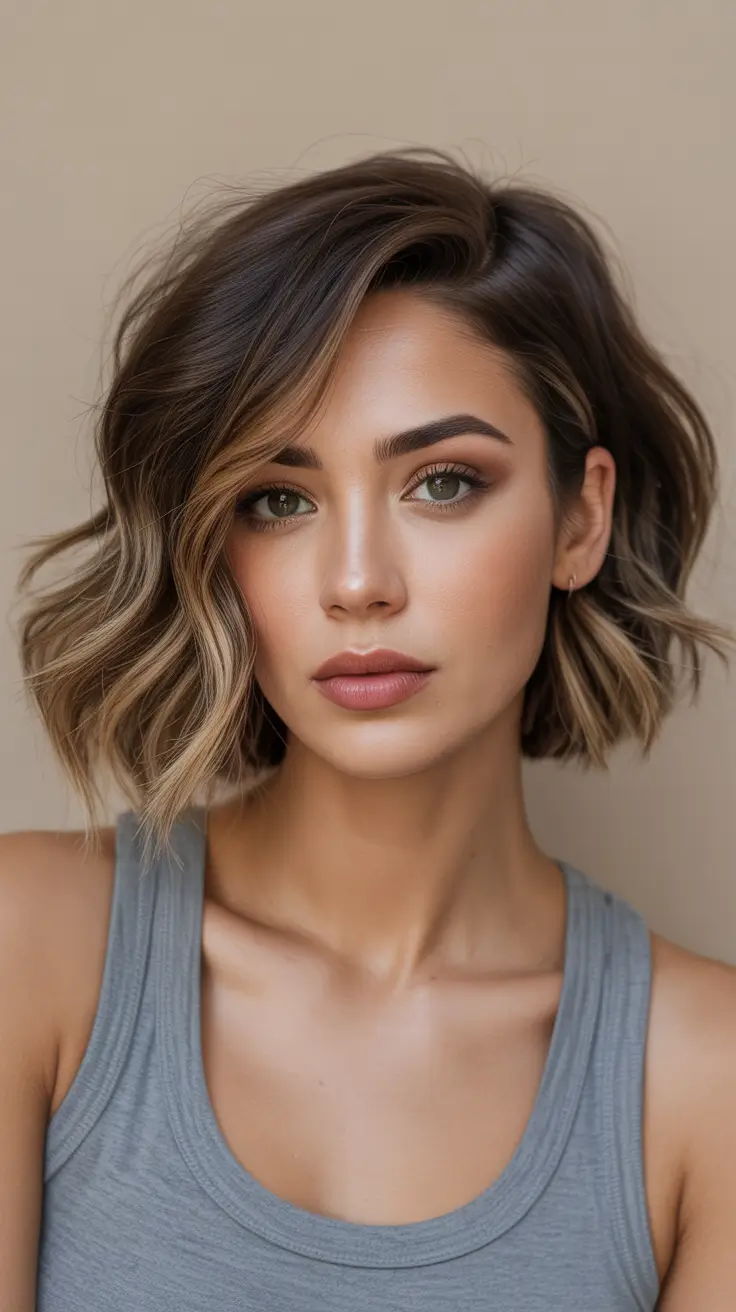amazing spring short hairstyles 2026 Soft Wavy Balayage Bob With Dimension