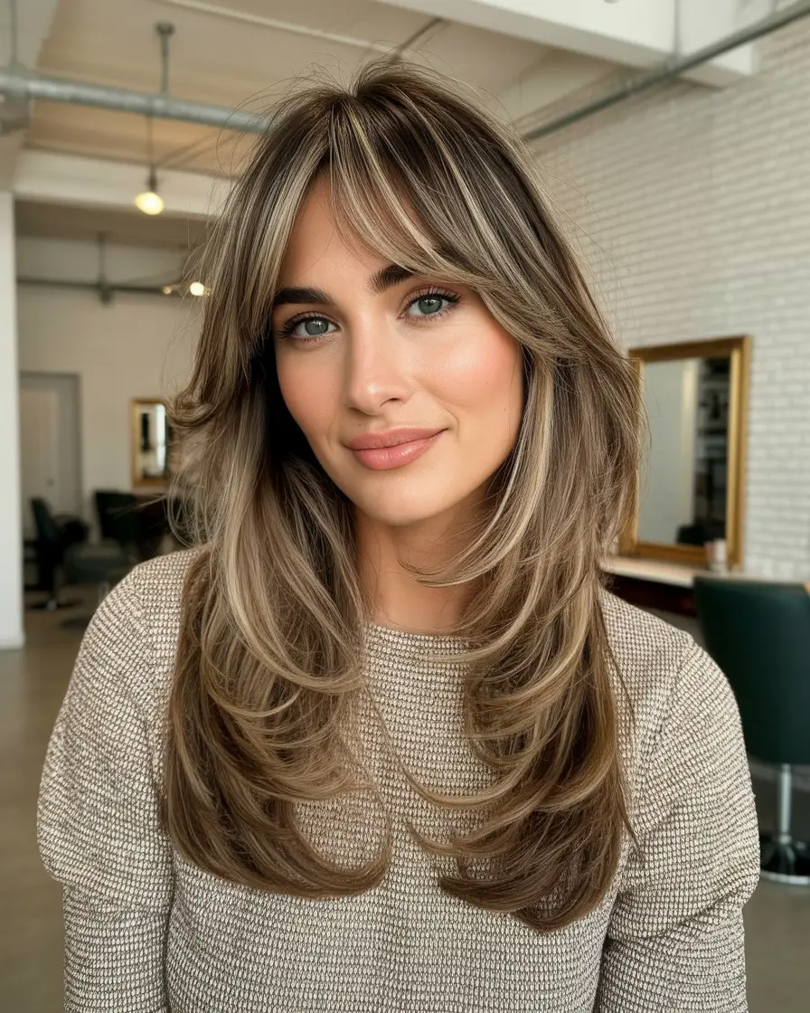 best spring haircuts for diamond face shape 2026 Long Layered Bronde with Face Framing Flow