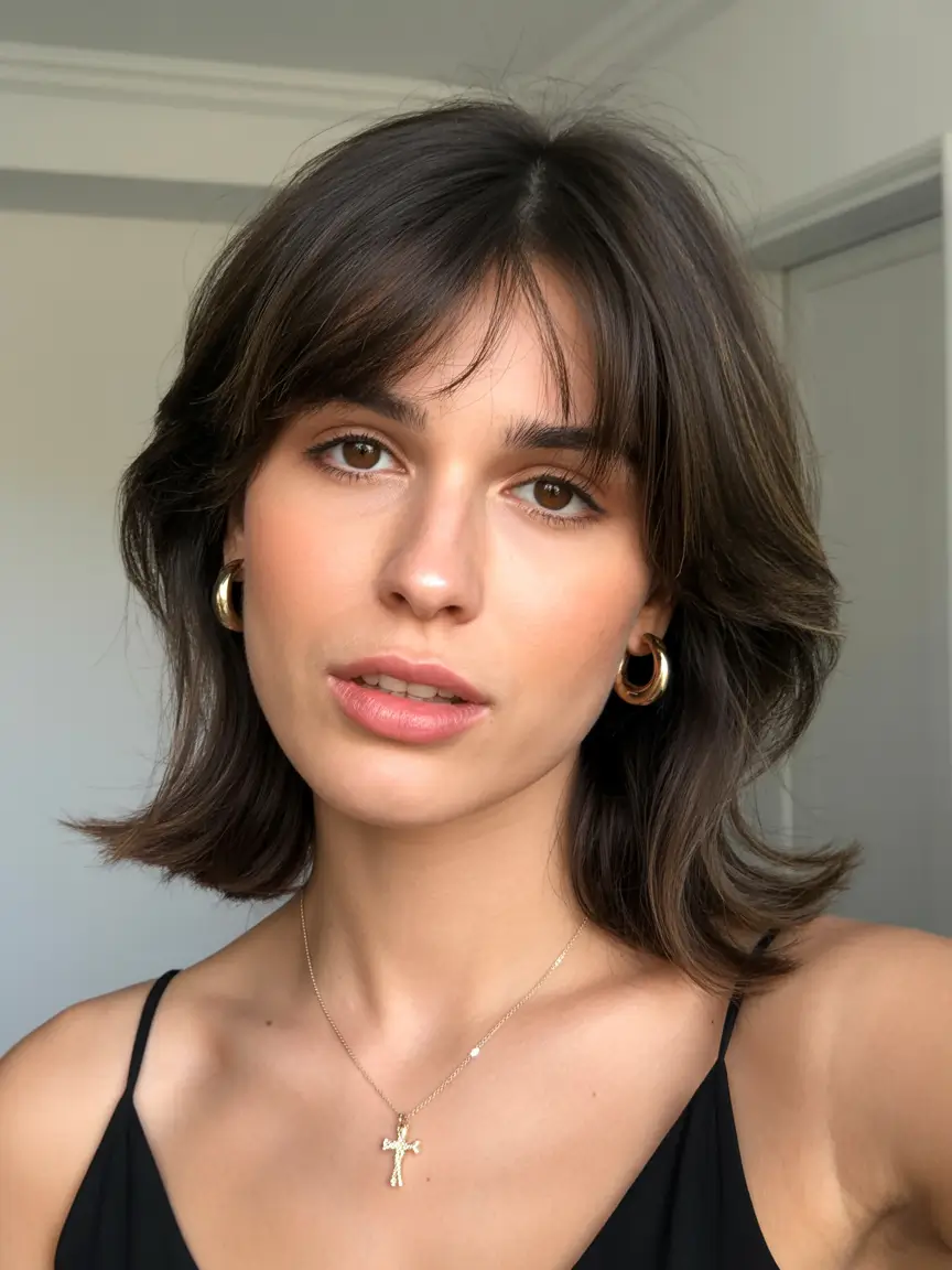 best spring haircuts for diamond face shape 2026 Feathered Midi Cut with Soft Curtain Movement