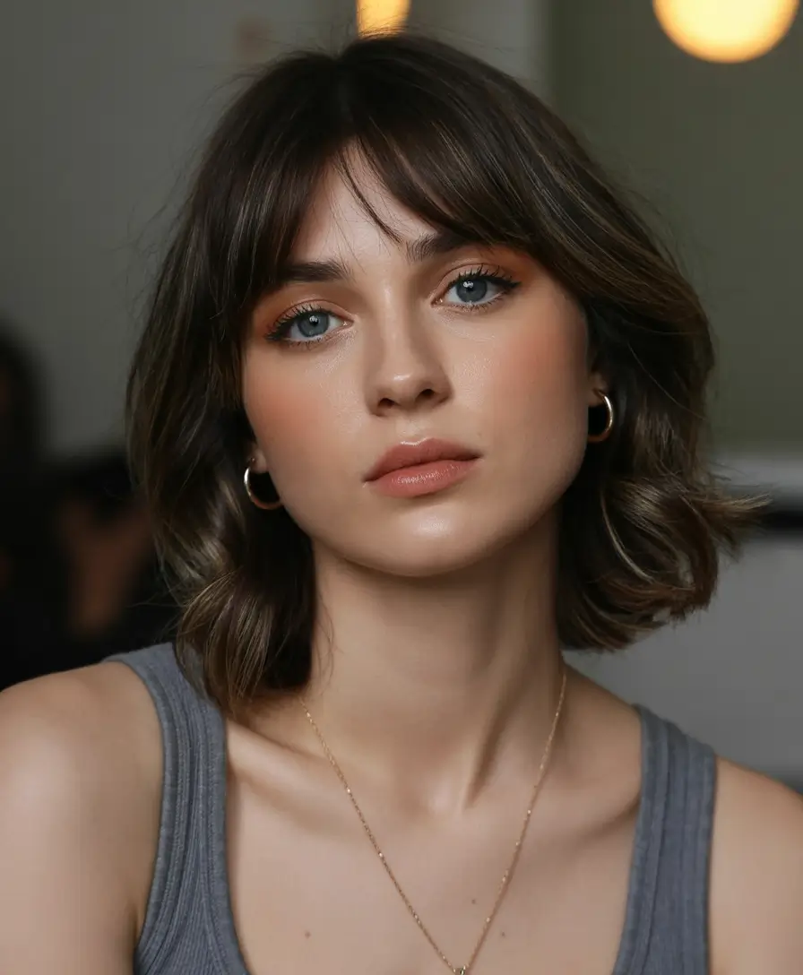 best spring haircuts for diamond face shape 2026 Soft Collarbone Waves with Wispy Fringe