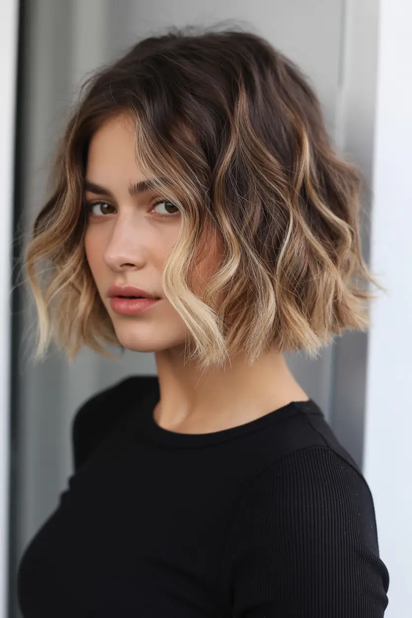 best spring haircuts for diamond face shape 2026 Choppy Wavy Bob with Dimensional Blonde Ends