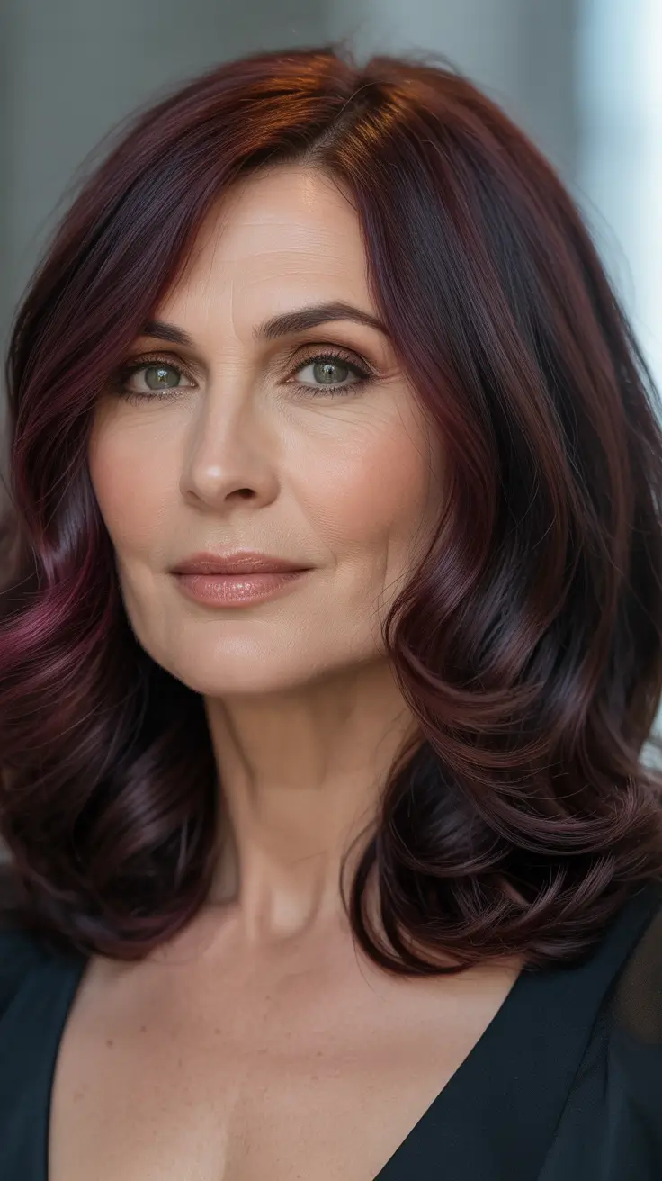 bob spring haircuts for women over 50 2026 Glossy shoulder length layered bob with rich burgundy tone