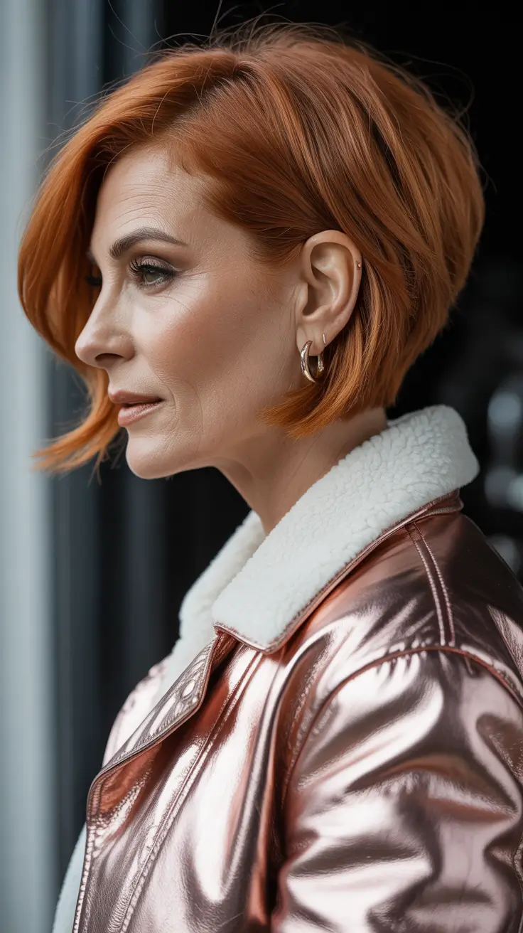 bob spring haircuts for women over 50 2026 Short angled copper bob with side sweep