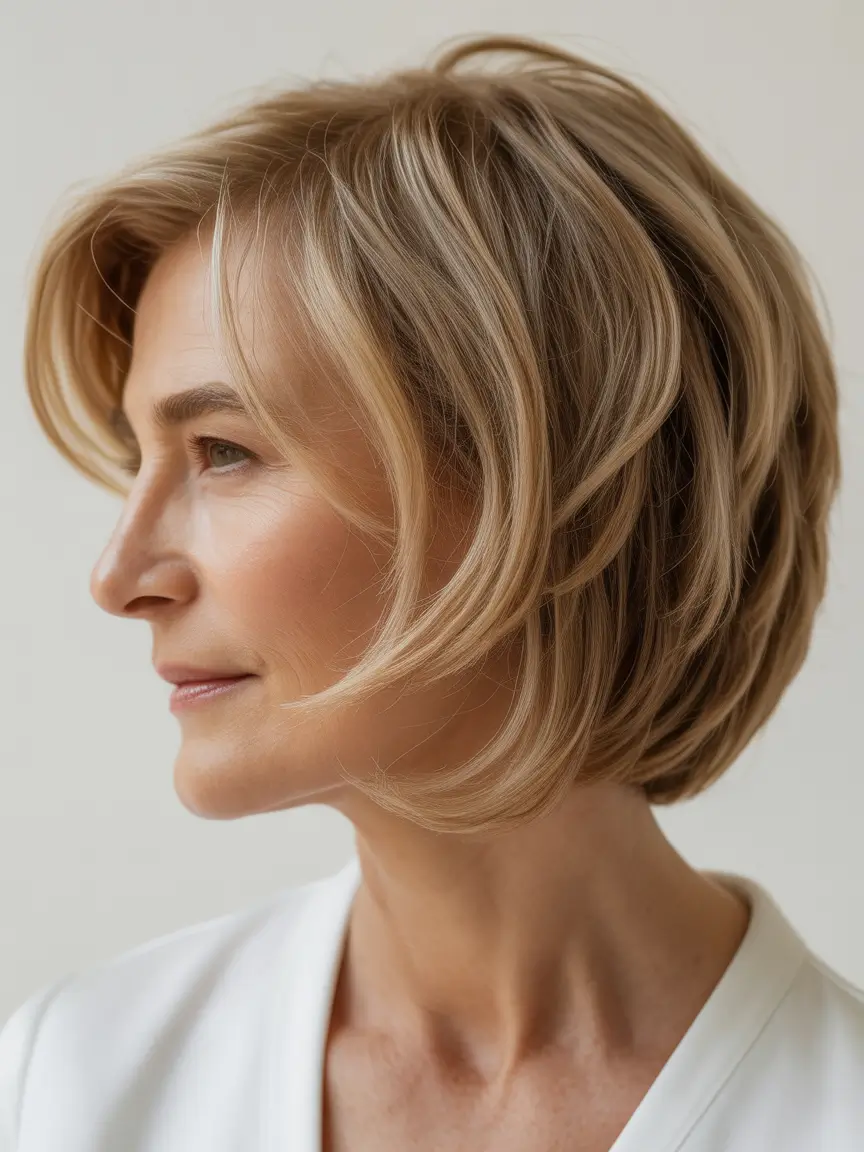 bob spring haircuts for women over 50 2026 Soft blonde layered bob with airy face framing