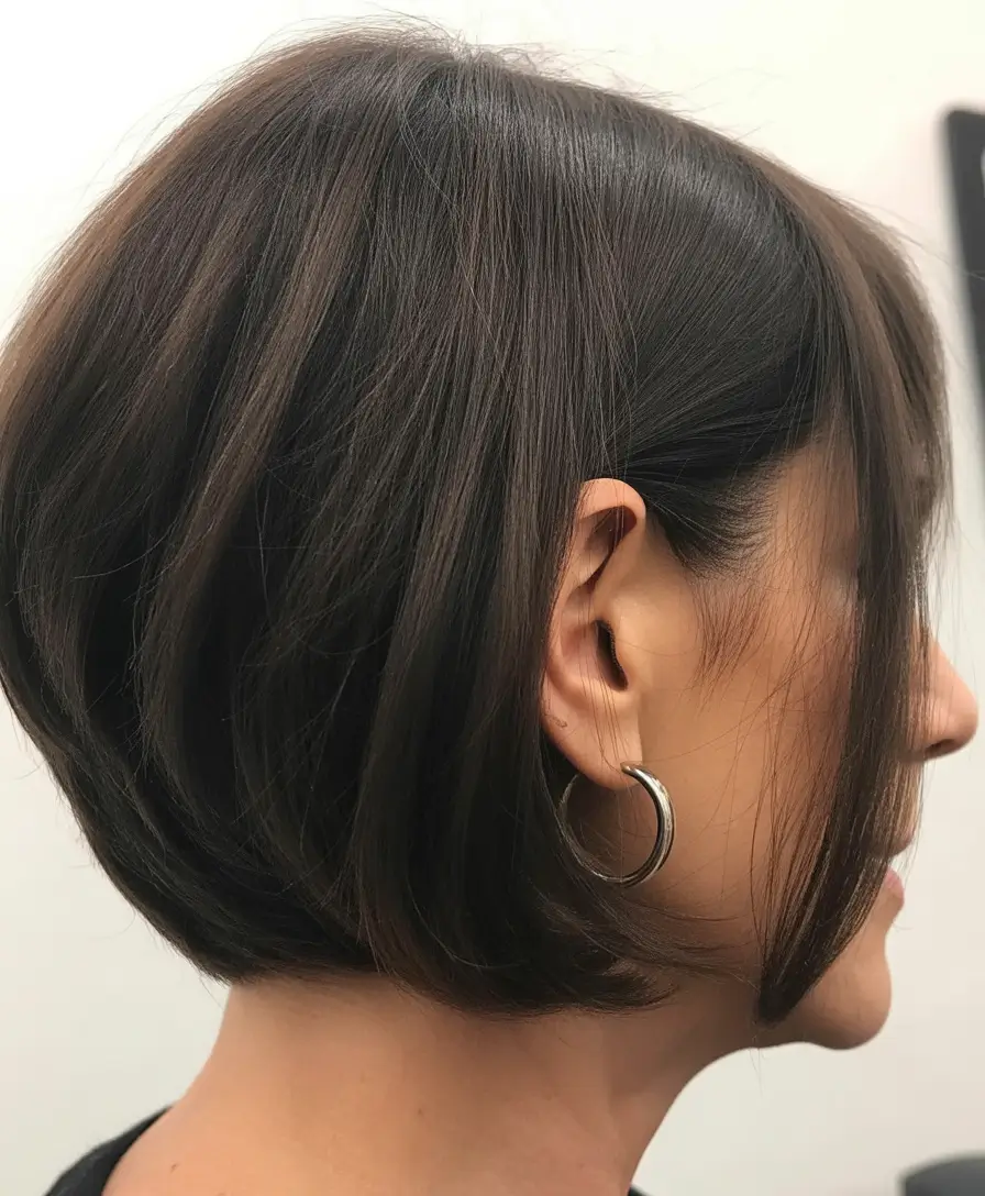 bob spring haircuts for women over 50 2026 Rounded stacked bob with deep side part