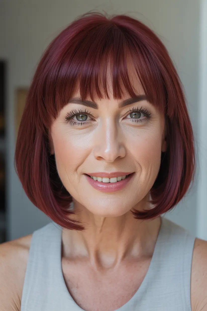 bob spring haircuts for women over 50 2026 Rounded red bob with soft bangs and curved ends