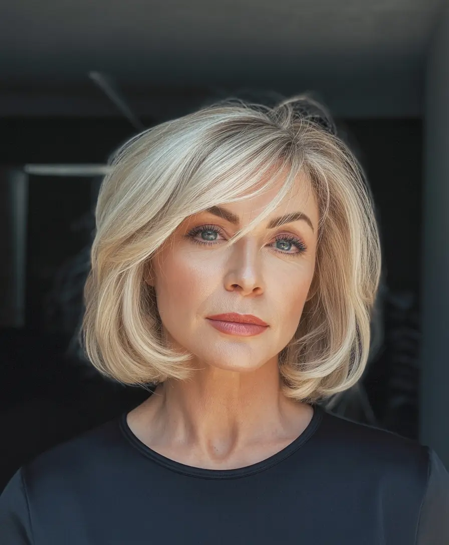 bob spring haircuts for women over 50 2026 Voluminous blonde medium bob with side swept fringe