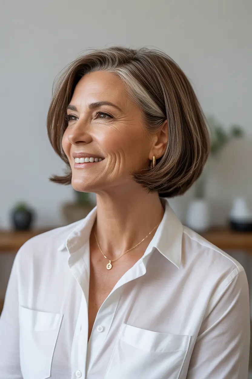 bob spring haircuts for women over 50 2026 Elegant layered bob with silver blended highlights
