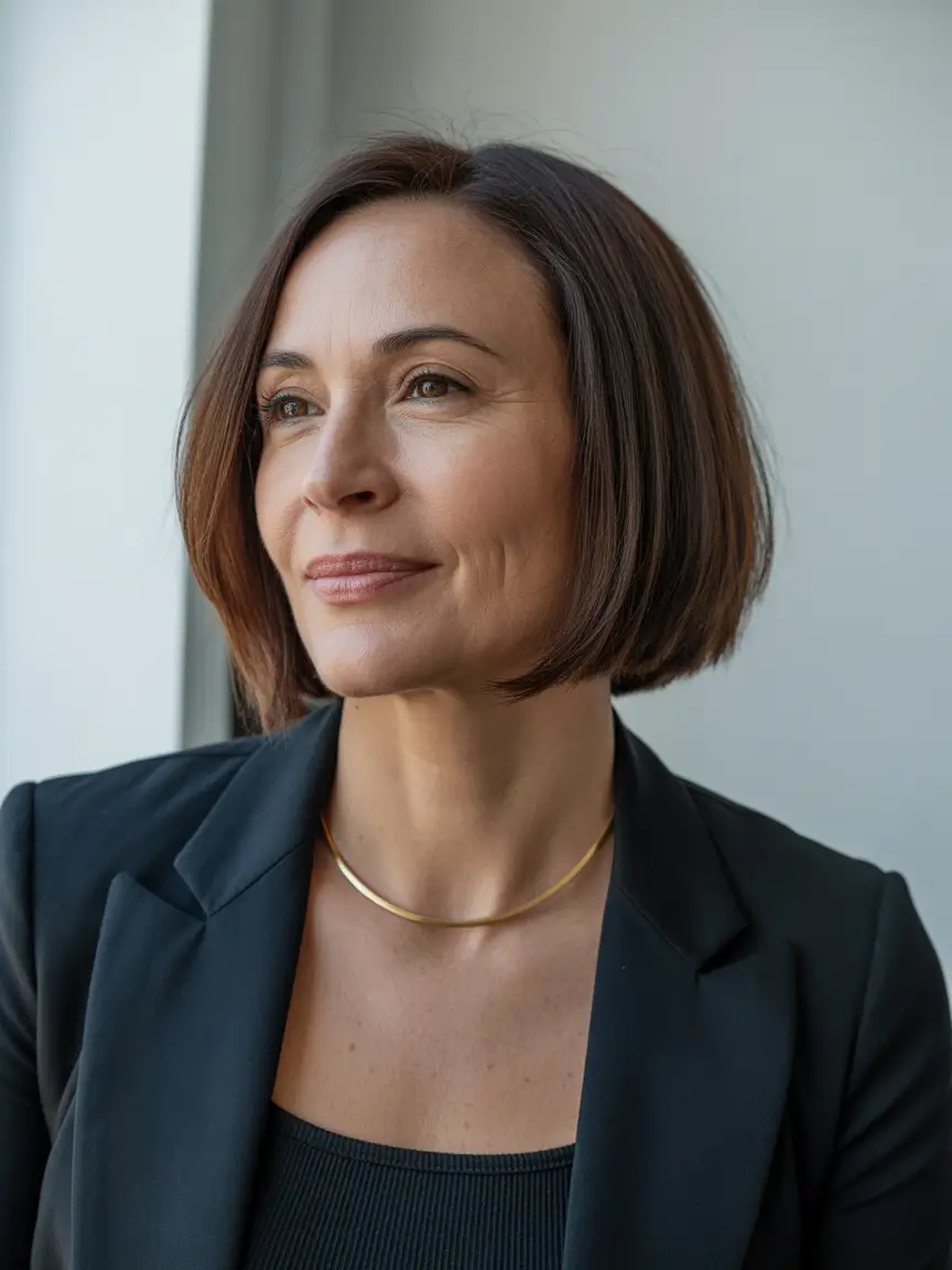 bob spring haircuts for women over 50 2026 Classic sleek chin length bob with deep side part