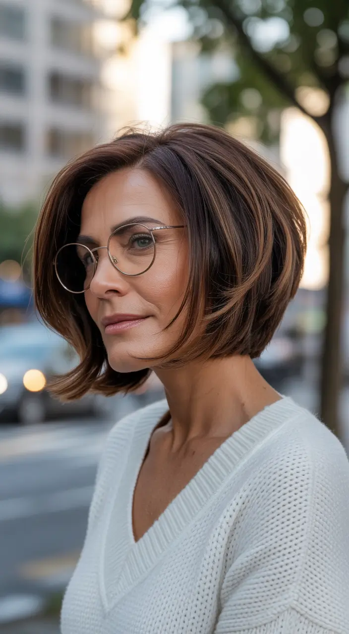 bob spring haircuts for women over 50 2026 Chin length stacked bob with side sweep and glasses friendly shape