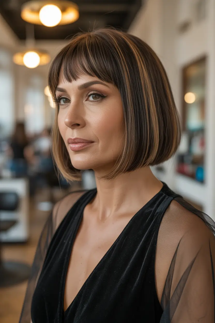 bob spring haircuts for women over 50 2026 Precision chin length bob with micro bangs and glassy finish