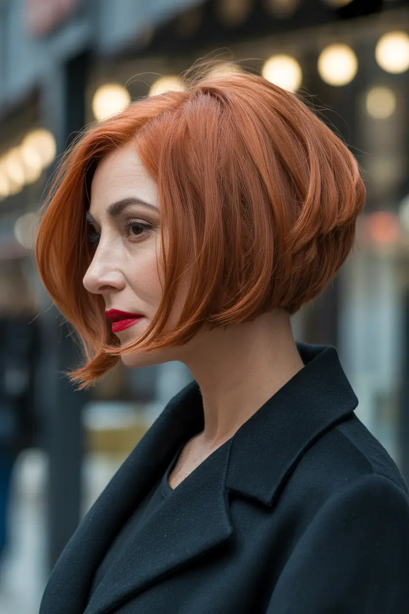 bob spring haircuts for women over 50 2026 Short angled copper bob with stacked back