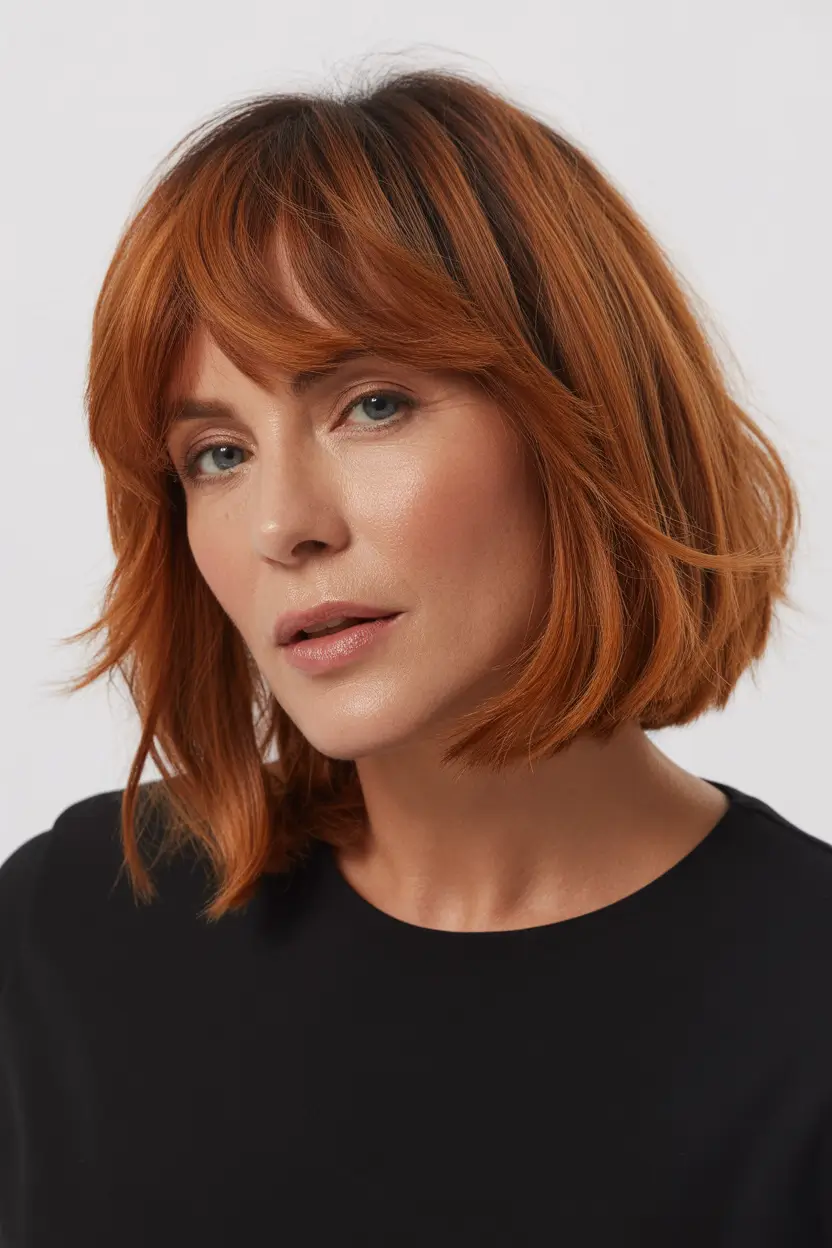 bob spring haircuts for women over 50 2026 Textured copper bob with soft shag energy and bangs