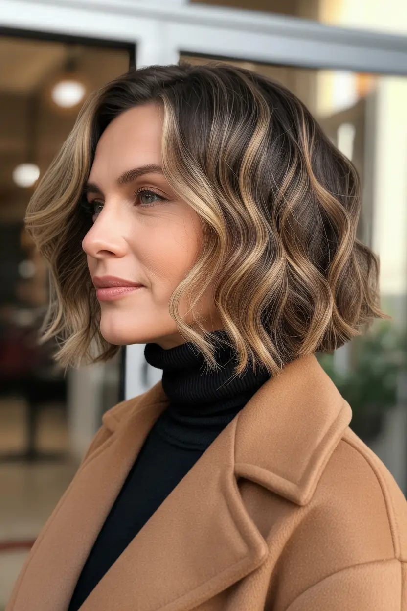 bob spring haircuts for women over 50 2026 Textured wavy bob with soft balayage dimension