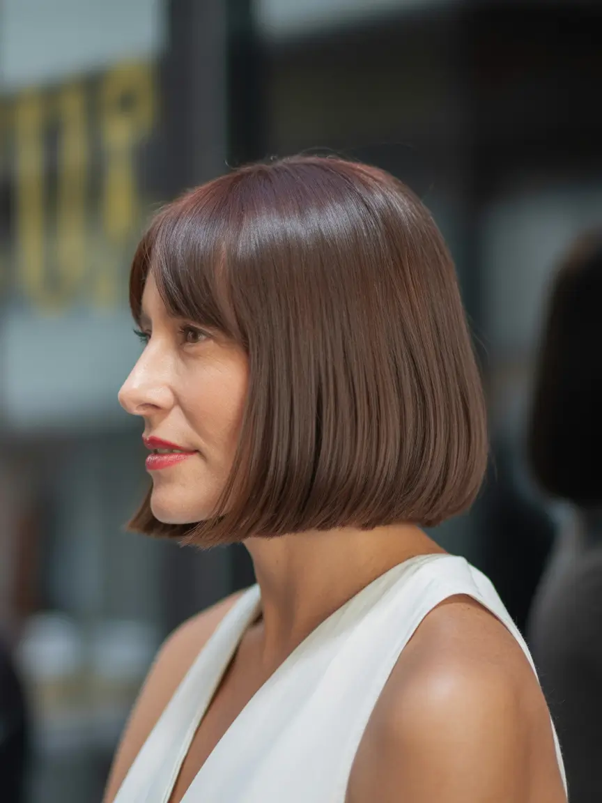 bob spring haircuts for women over 50 2026 Precision chin length blunt bob with full bangs