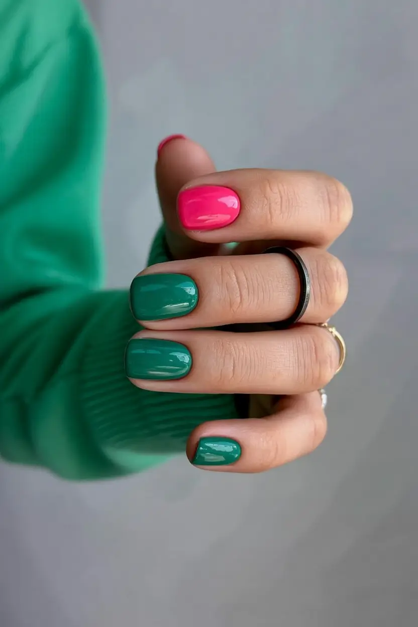 bold colorful spring nails 2026 Green and pink power combo on short nails