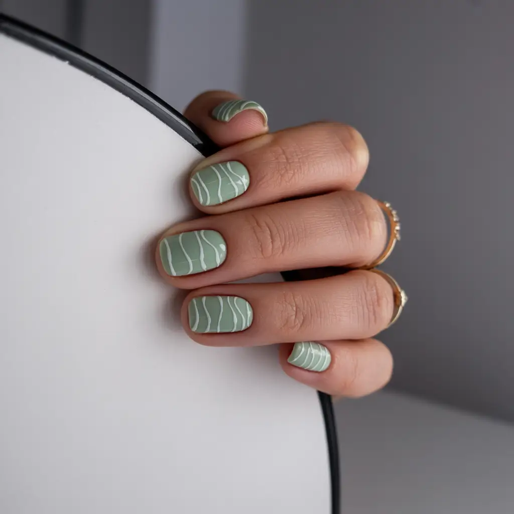 bold colorful spring nails 2026 Soft green nails with minimalist wave lines