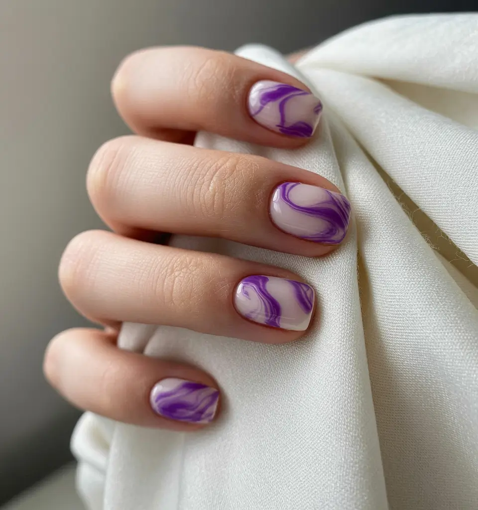 bold colorful spring nails 2026 Purple marble swirl on soft nude base