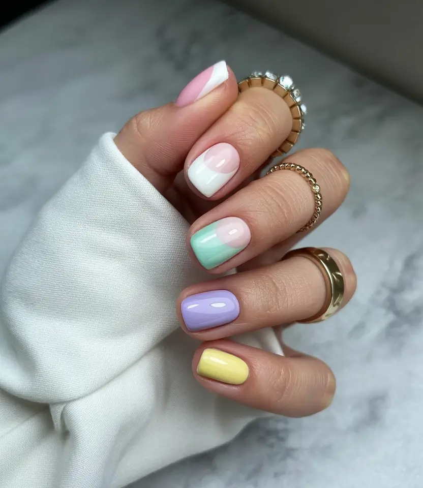 bold colorful spring nails 2026 Pastel multi color mix on short square nails