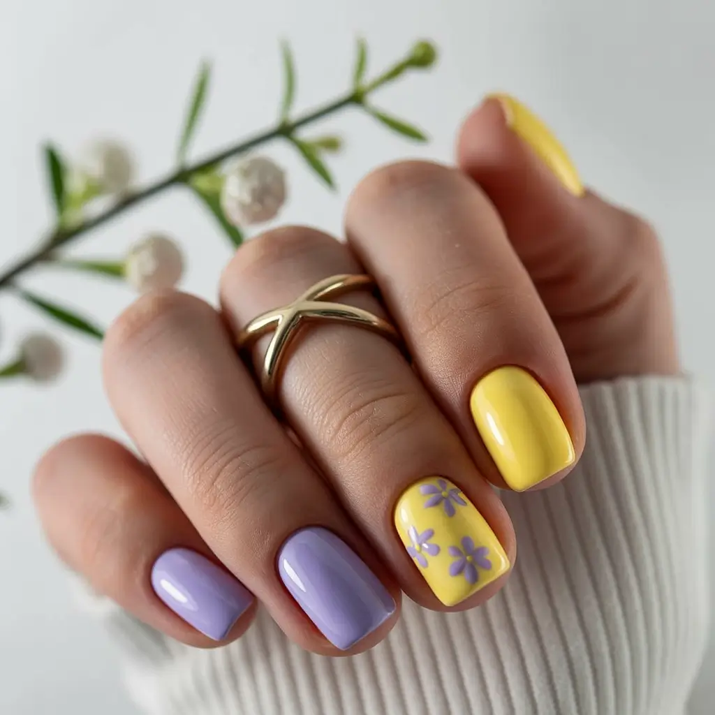 bold colorful spring nails 2026 Yellow and lavender floral spring combo