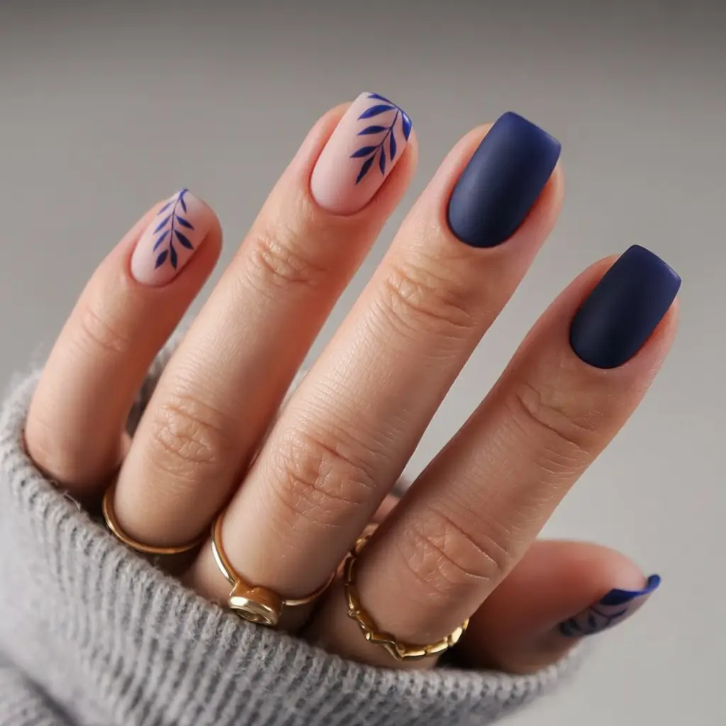 bold colorful spring nails 2026 Matte navy and nude botanical contrast nails