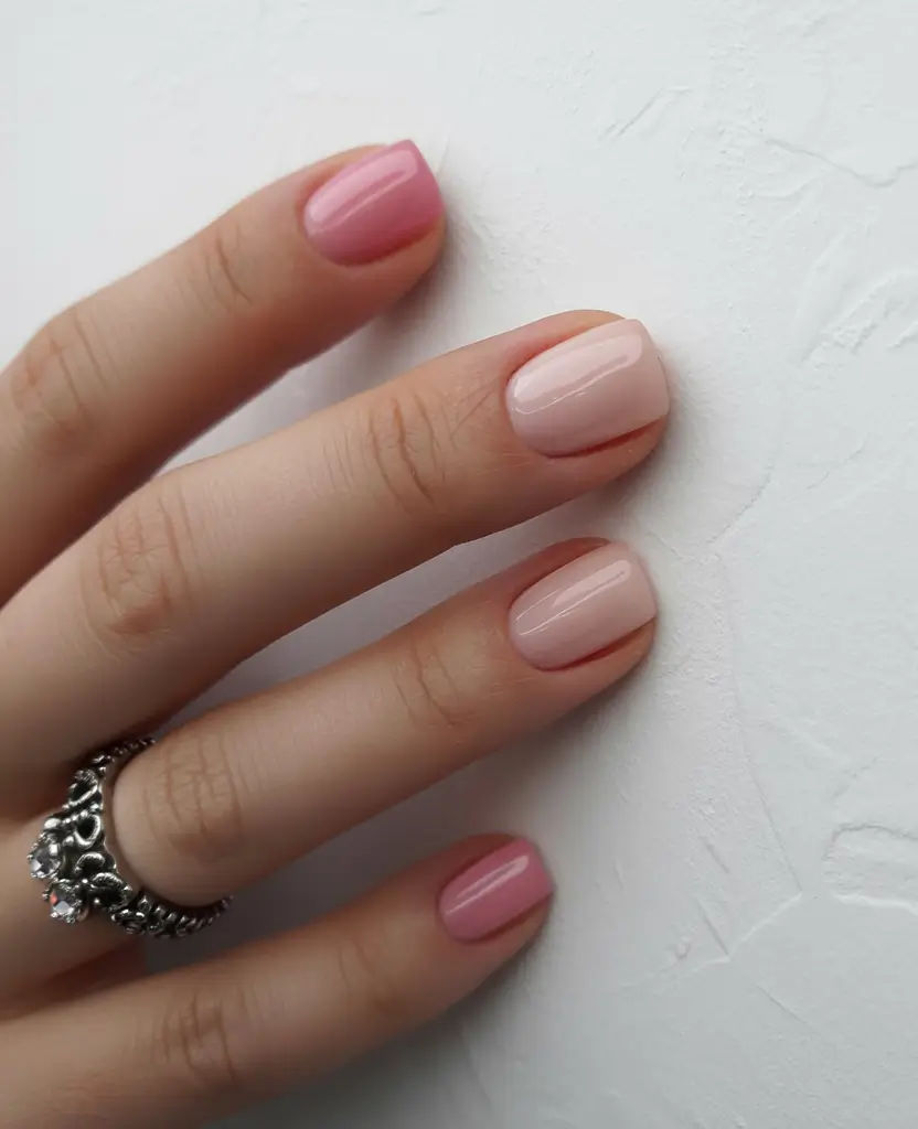 bold colorful spring nails 2026 Glossy soft pink mix and match manicure