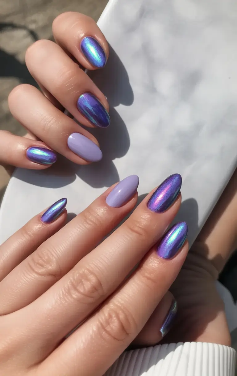 bold colorful spring nails 2026 Chrome violet and pastel accent almond nails