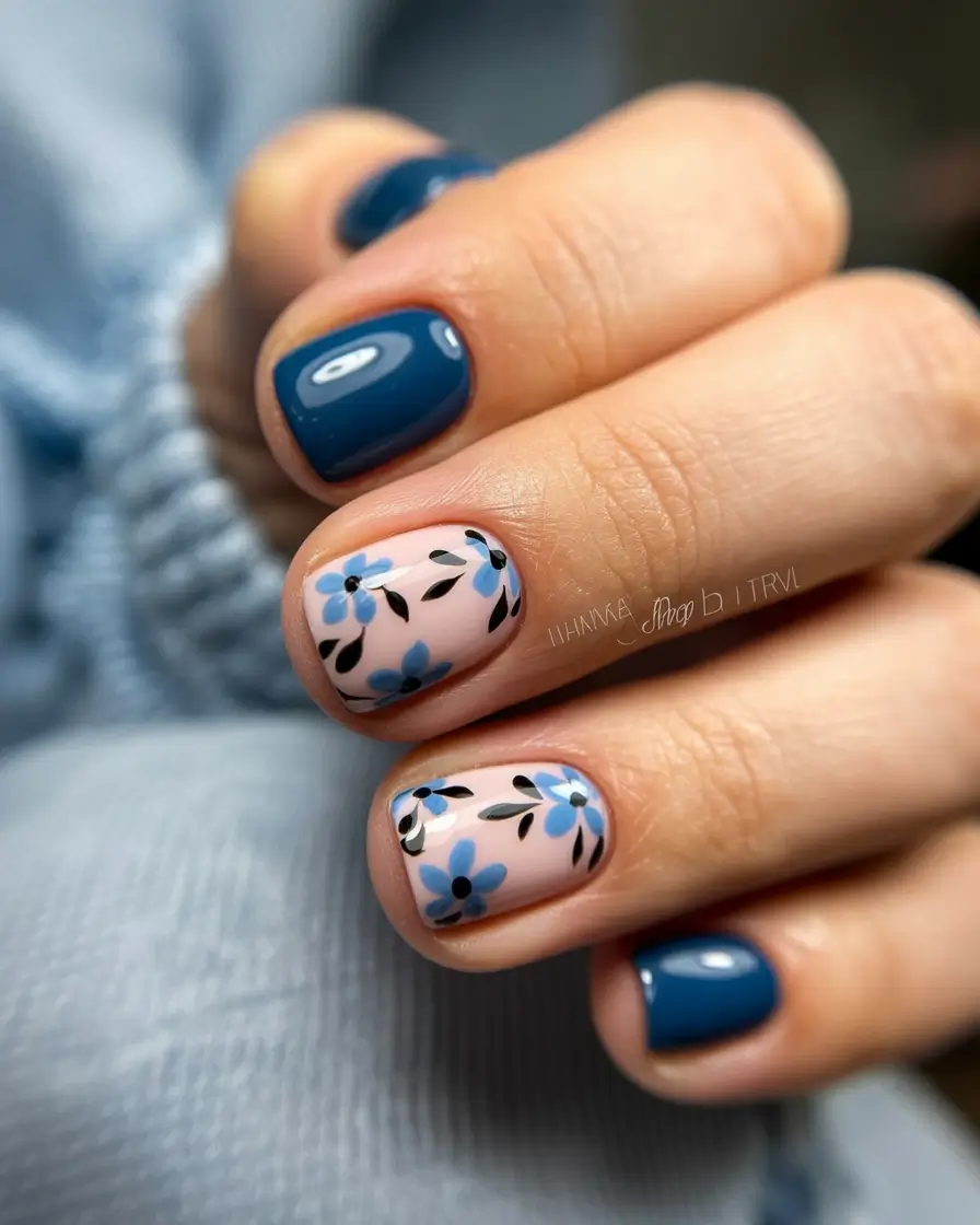 bold colorful spring nails 2026 Blue floral accent with deep navy solids