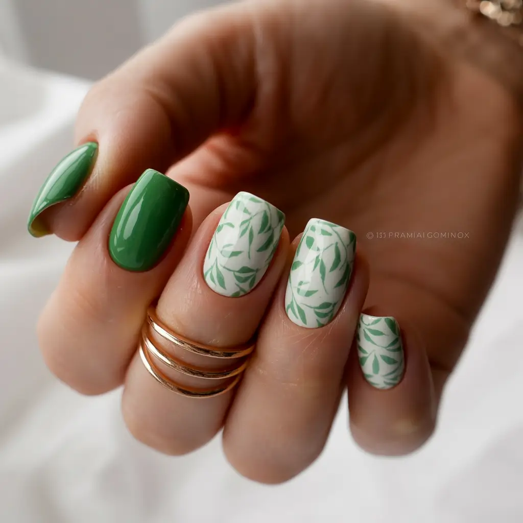 bold colorful spring nails 2026 Leafy green pattern with fresh spring mood