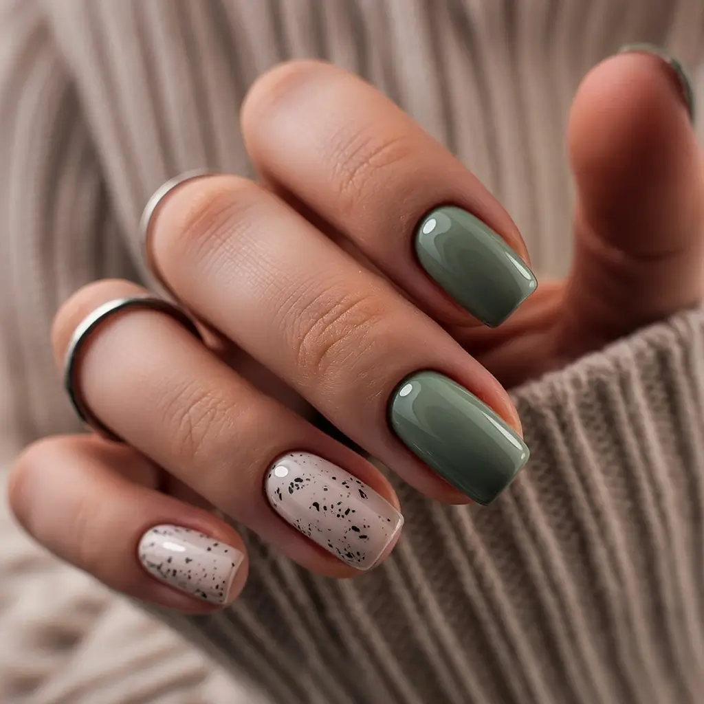 bold colorful spring nails 2026 Olive green and speckled neutral contrast nails