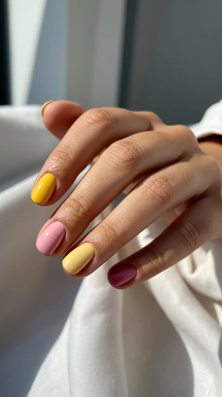 bold colorful spring nails 2026 Sunny pastel mix on short rounded nails