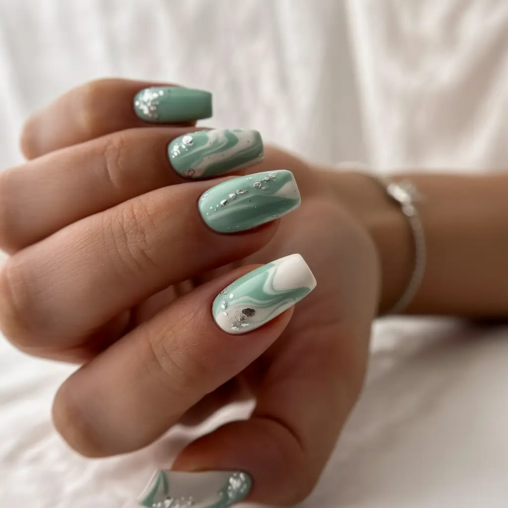 bold colorful spring nails 2026 Mint marble and crystal swirl statement nails