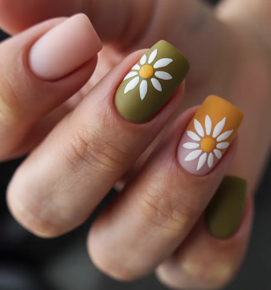 bold colorful spring nails 2026 Olive and mustard daisy nail art