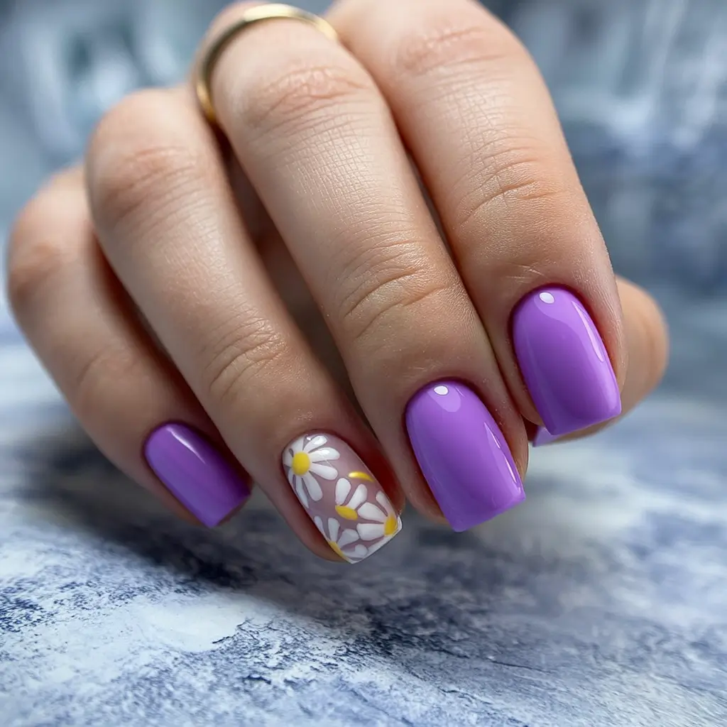 bold colorful spring nails 2026 Lavender glossy nails with daisy accent