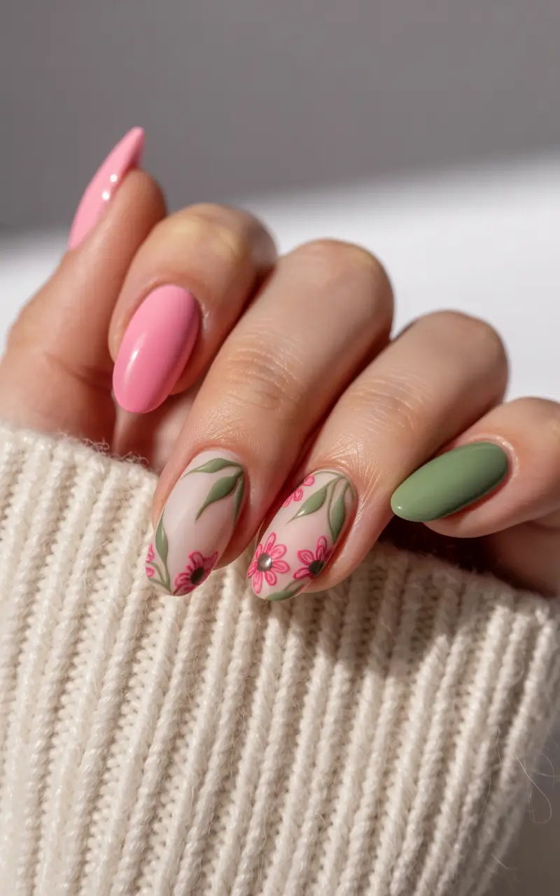 bold colorful spring nails 2026 Pink and sage floral almond nails