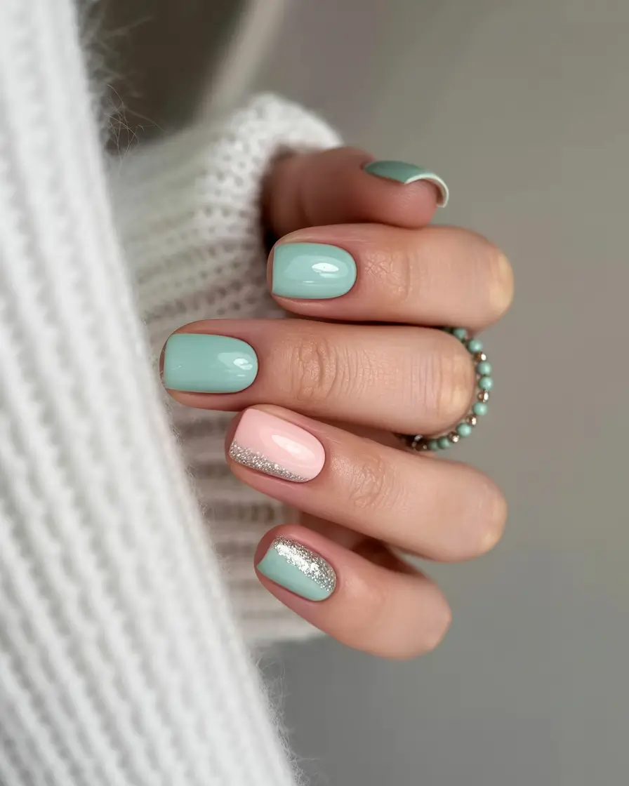 bold colorful spring nails 2026 Mint and blush nails with glitter curve accents