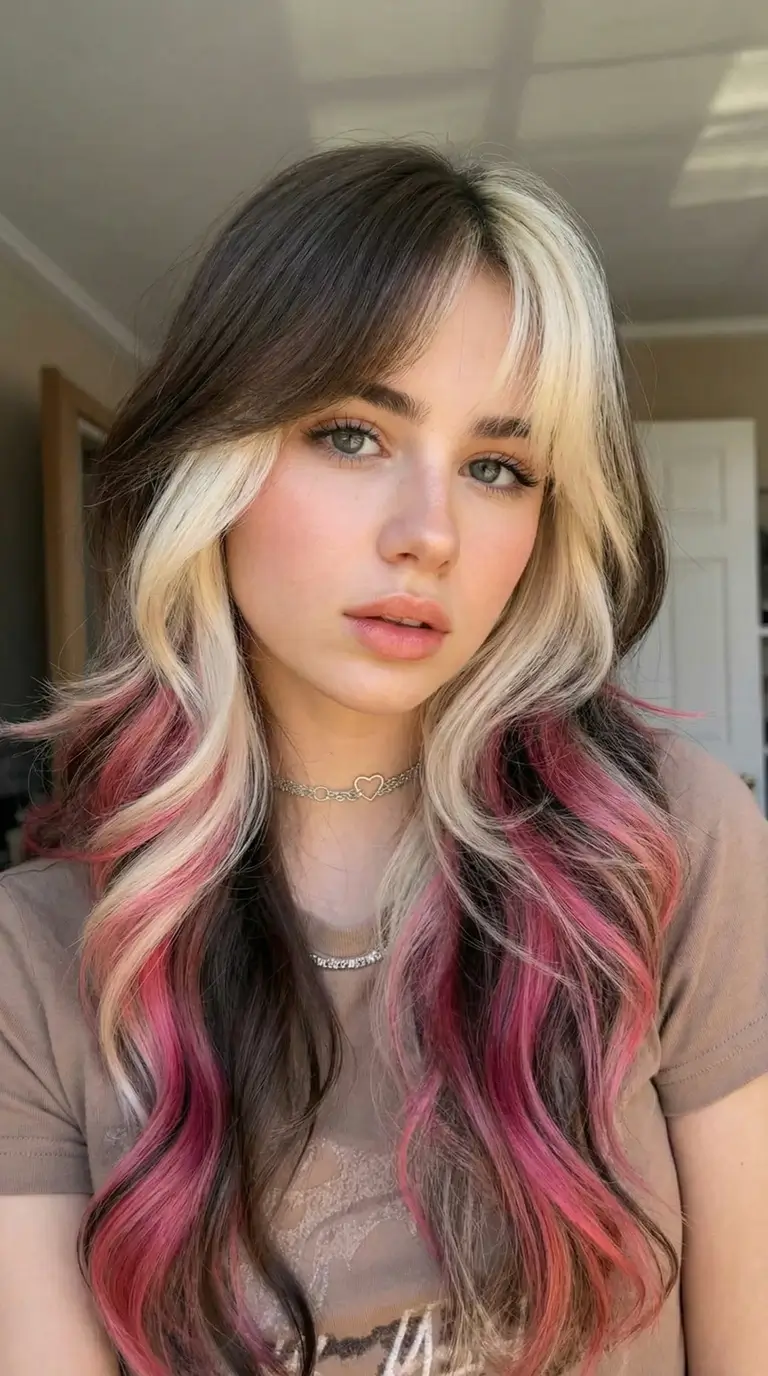 spring hair color trends 2026 Two Tone Pink Stream Highlights