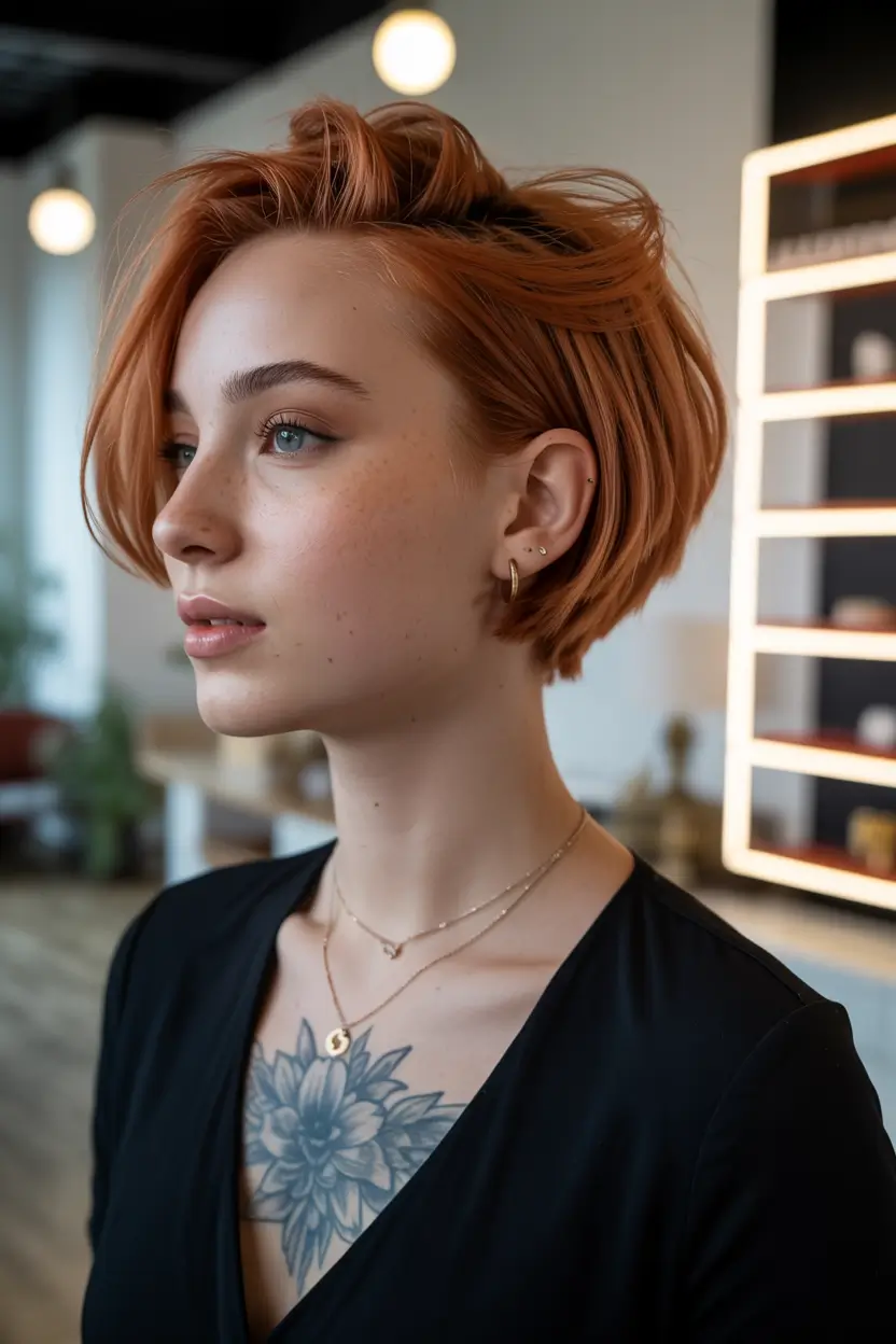 chic spring asymmetrical pixie haircuts 2026 Soft Copper Asymmetrical Pixie with Long Side Sweep