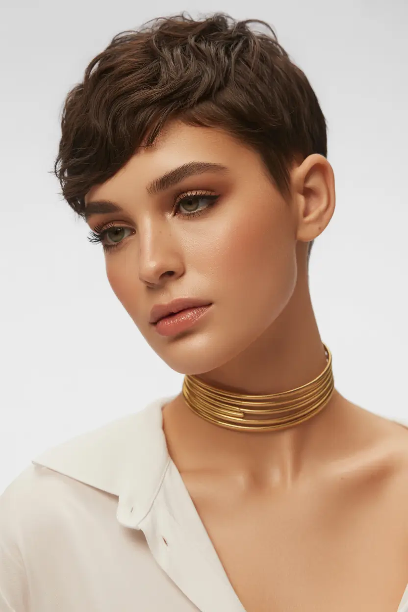 chic spring asymmetrical pixie haircuts 2026 Classic Brunette Cropped Pixie with Soft Texture