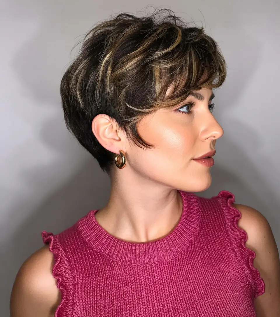 chic spring asymmetrical pixie haircuts 2026 Layered Brunette Pixie with Subtle Honey Highlights