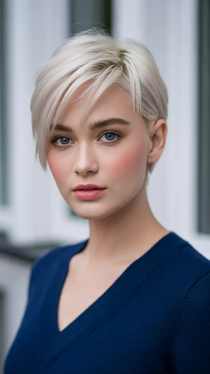 chic spring asymmetrical pixie haircuts 2026 Soft Platinum Pixie with Feathered Long Bangs