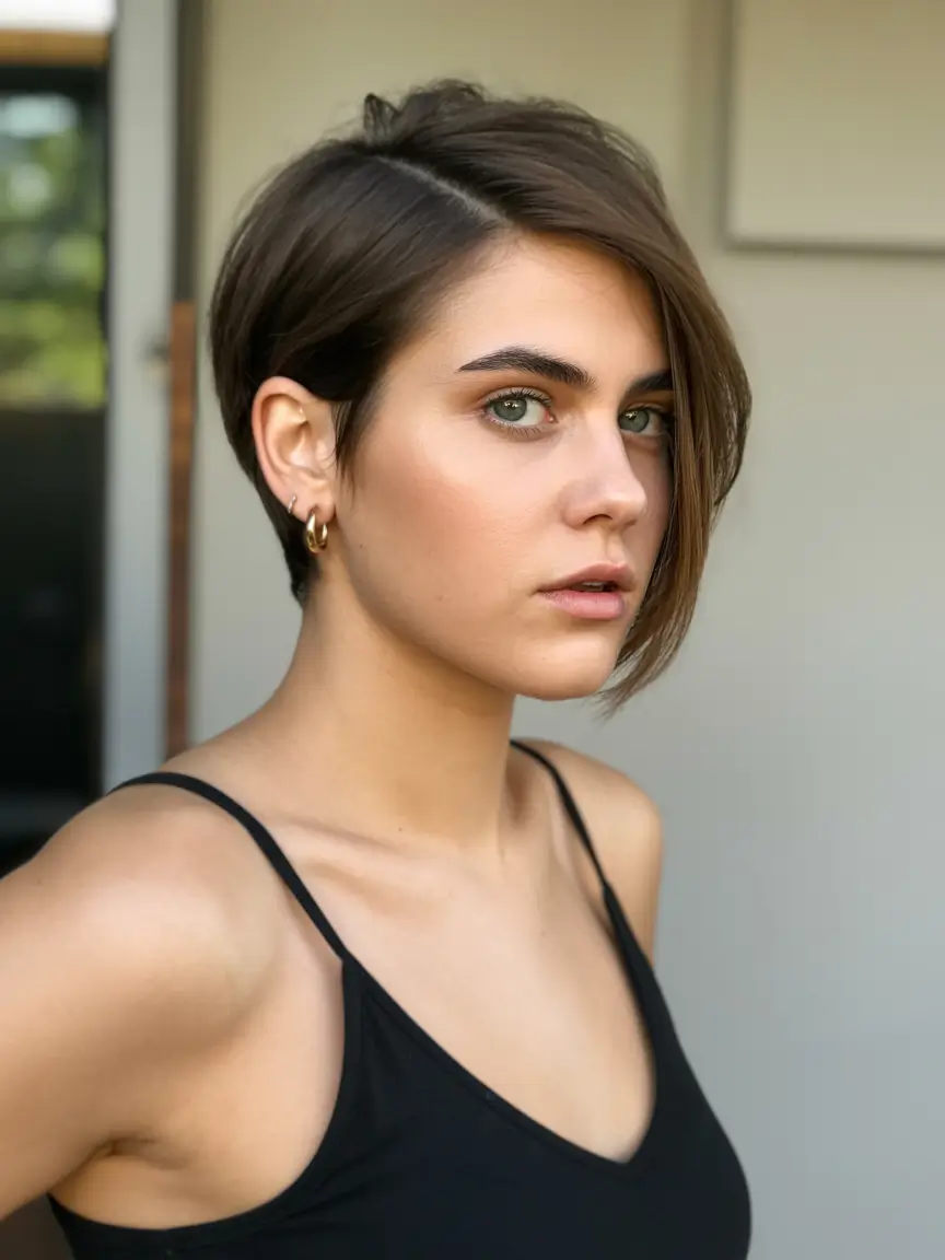chic spring asymmetrical pixie haircuts 2026 Sleek Brunette Asymmetrical Pixie with Deep Side Part