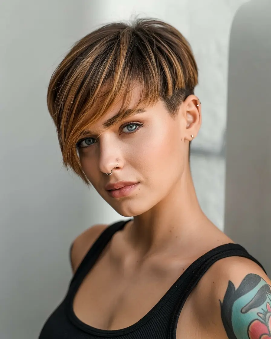 chic spring asymmetrical pixie haircuts 2026 Textured Brunette Pixie with Long Bangs and Undercut Detail