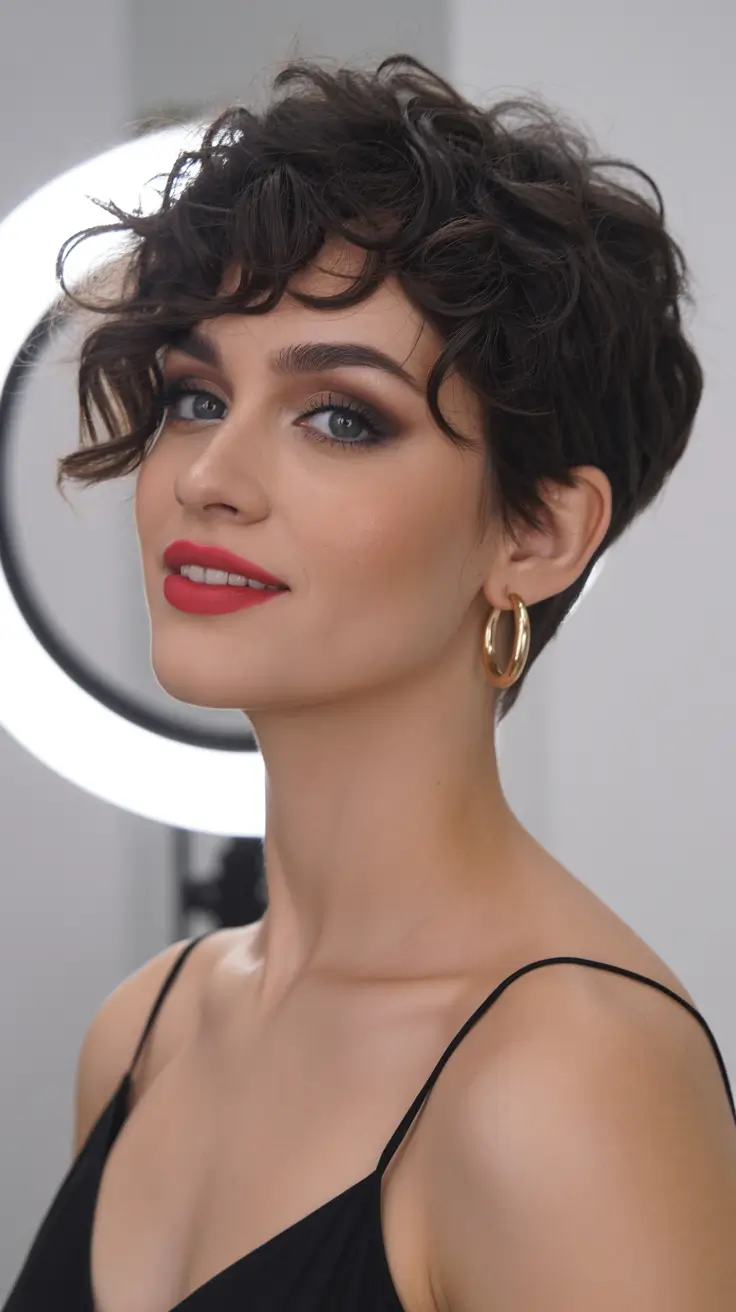 chic spring asymmetrical pixie haircuts 2026 Soft Textured Brunette Pixie with Natural Waves