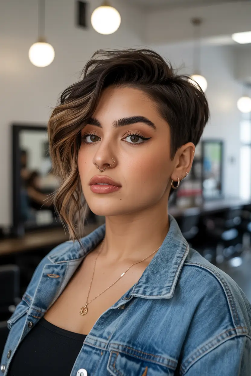 chic spring asymmetrical pixie haircuts 2026 Warm Brunette Undercut Pixie with Caramel Sweep