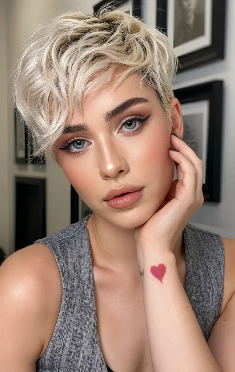chic spring asymmetrical pixie haircuts 2026 Textured Icy Blonde Pixie with Soft Messy Layers