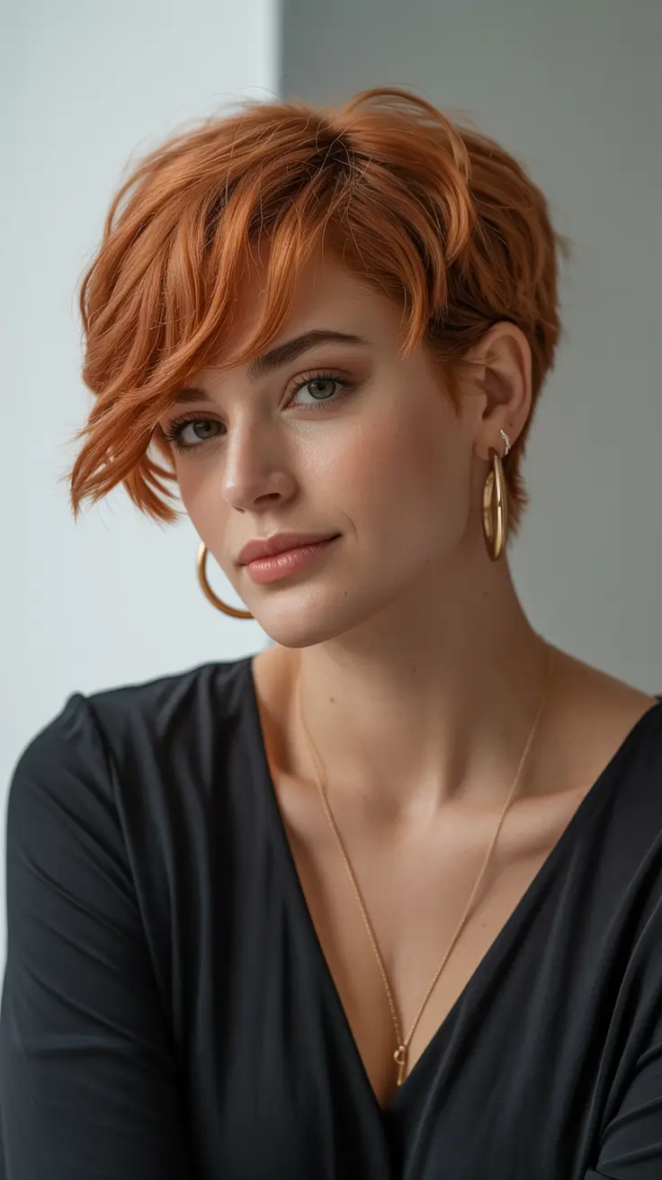 chic spring asymmetrical pixie haircuts 2026 Soft Ginger Side Swept Pixie with Natural Movement