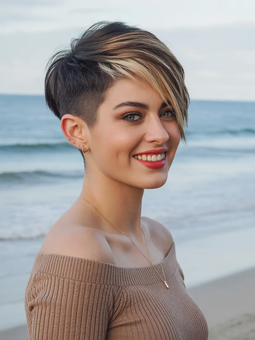 chic spring asymmetrical pixie haircuts 2026 Beach Ready Undercut Asymmetrical Pixie with Blonde Contrast