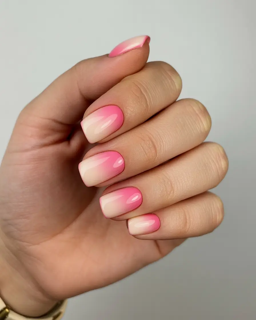 chic spring neutral nails 2026 Glossy Pink Ombre Square for Early Spring Glow