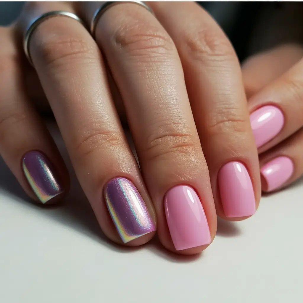 chic spring neutral nails 2026 Soft Pink with Iridescent Chrome Accent